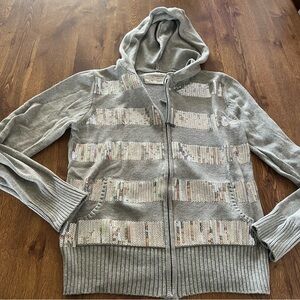Aeropostale Grey Silver Sequin Hoodie Jacket size Large Knit Sweater Y2K